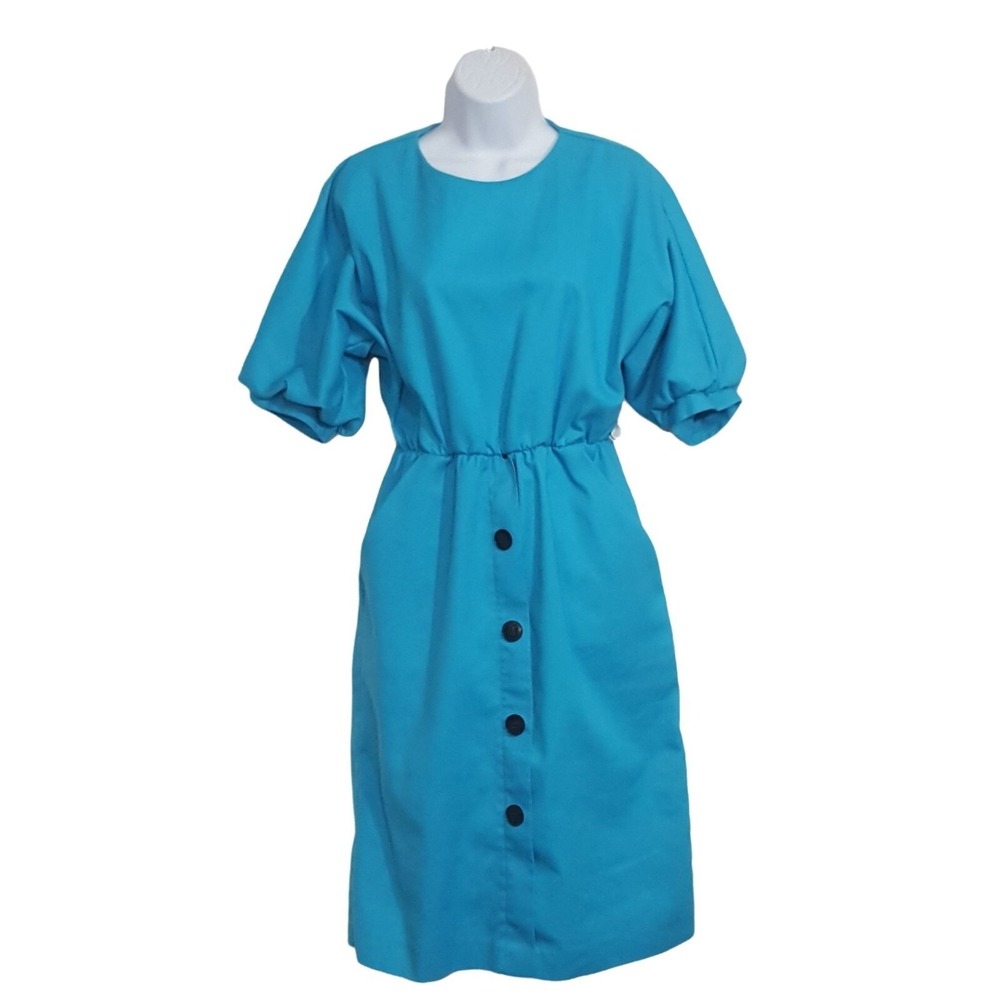 Malouf Vintage Dress Womens 8P Blouson Blue Elastic Waist Decorative Buttons